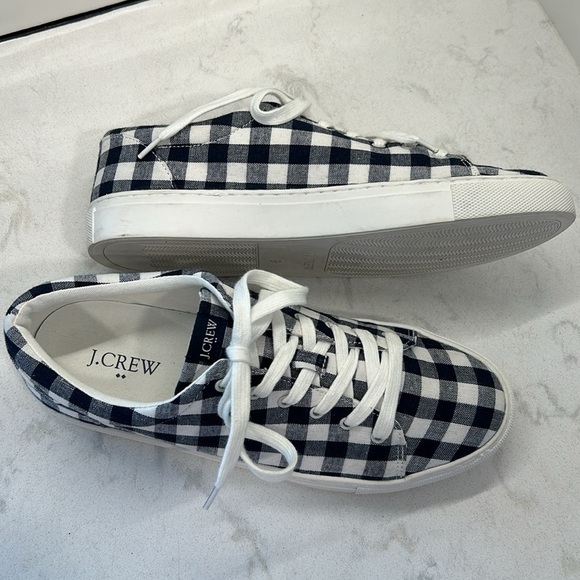 J. Crew Factory Navy Blue Gingham Printed Canvas Lace Up Road Trip Sneakers SZ 9 - Picture 15 of 16